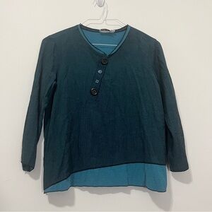 Habitat Long Sleeve Blouse Top XS Boxy Relaxed Lagenlook Button V-Neck Green